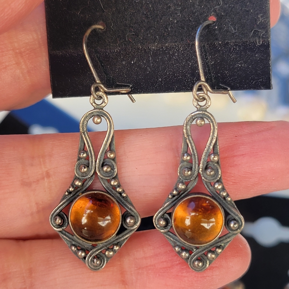 9 Pairs Sterling Vintage Amber Earrings Lot Bundle Estate Set - Picture 5 of 12